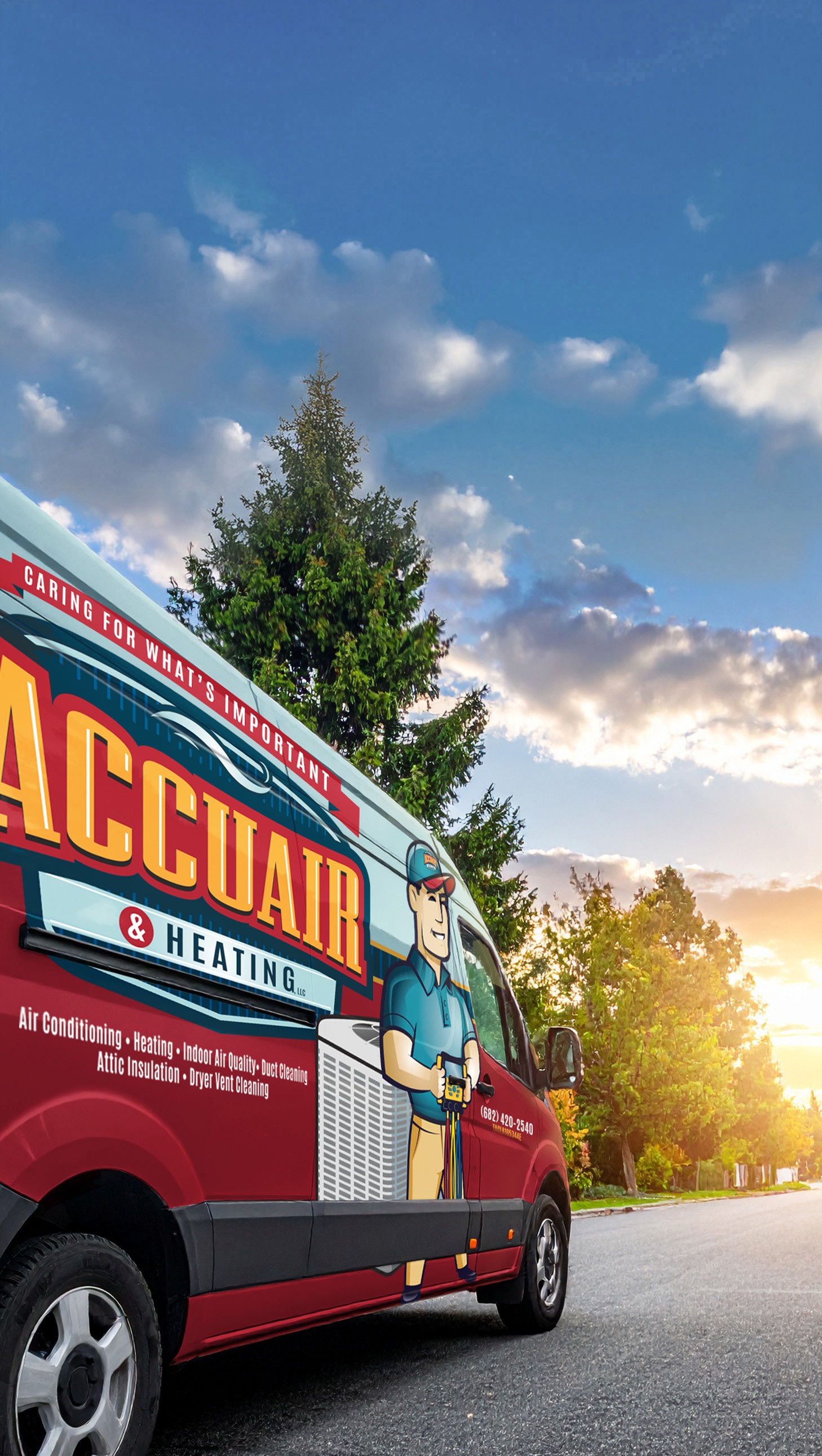 Branded HVAC van driving through neighbourhood