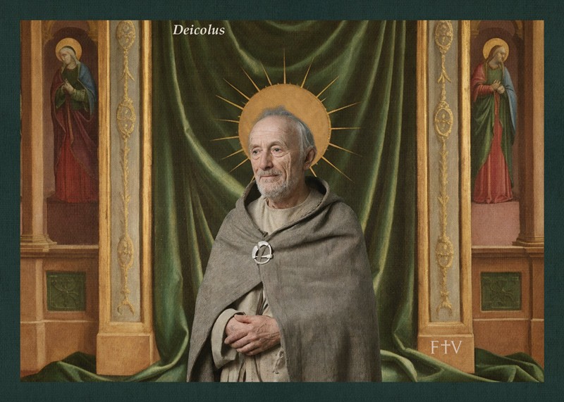 Sacred artwork by Faith and Verse. © Faith and Verse, 2026. All rights reserved. Catholic Saint Deicolus of Lure holy card—Irish monk and companion of Saint Columbanus, founder of prayer in exile and witness to quiet endurance—5×7 traditional saint portrait by Faith and Verse.