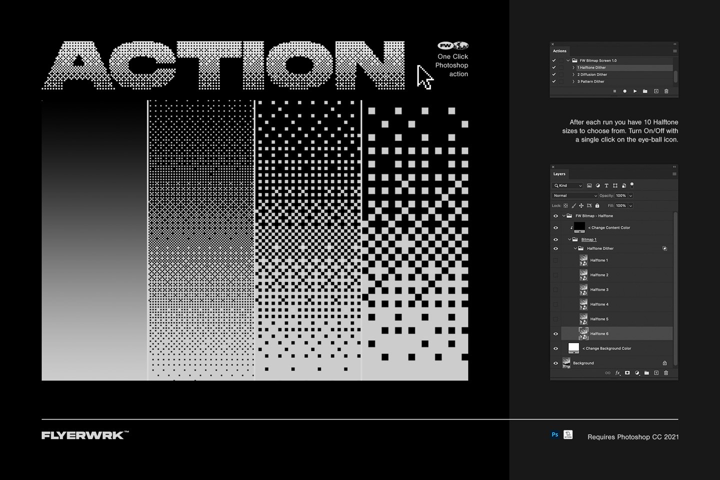 Photoshop interface showing ten halftone size options and editable color layers for the bitmap effect