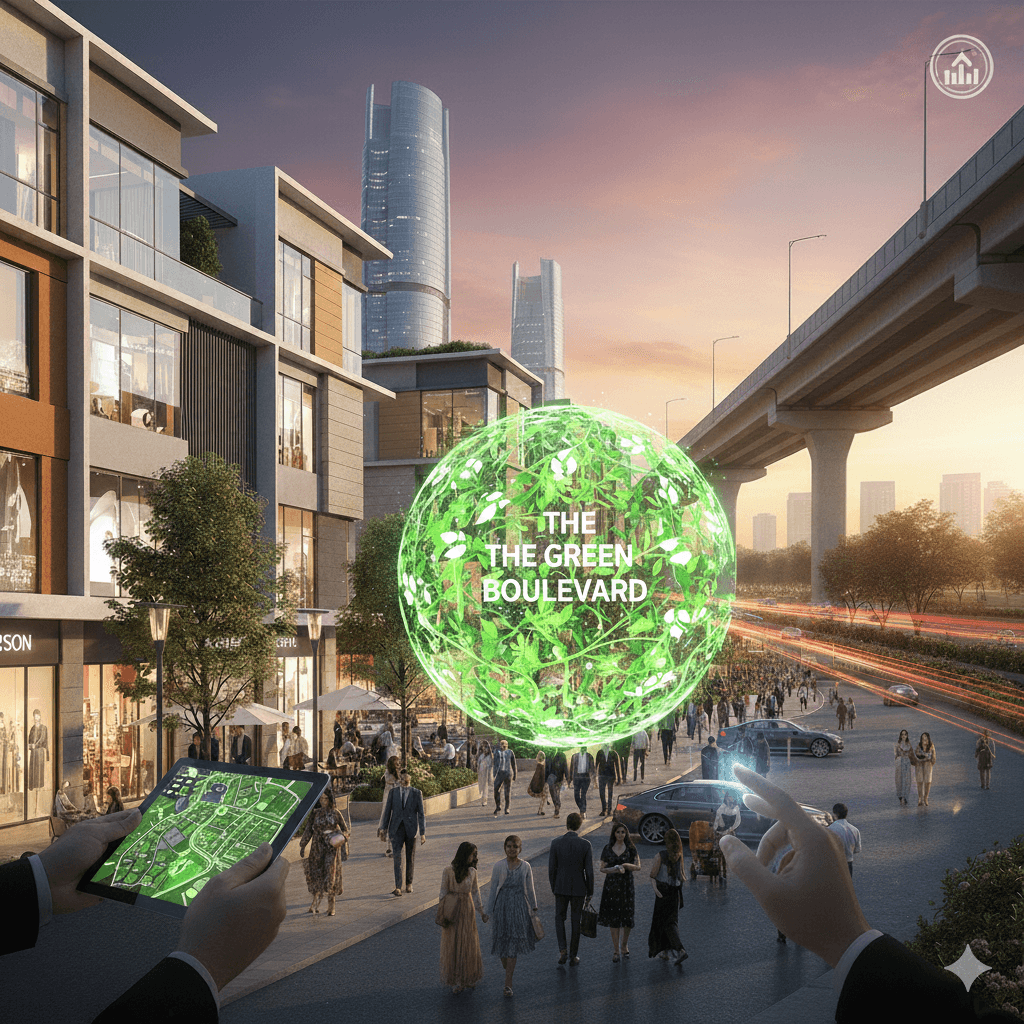 Leaf-patterned globe icon within a landscaped pedestrian walkway