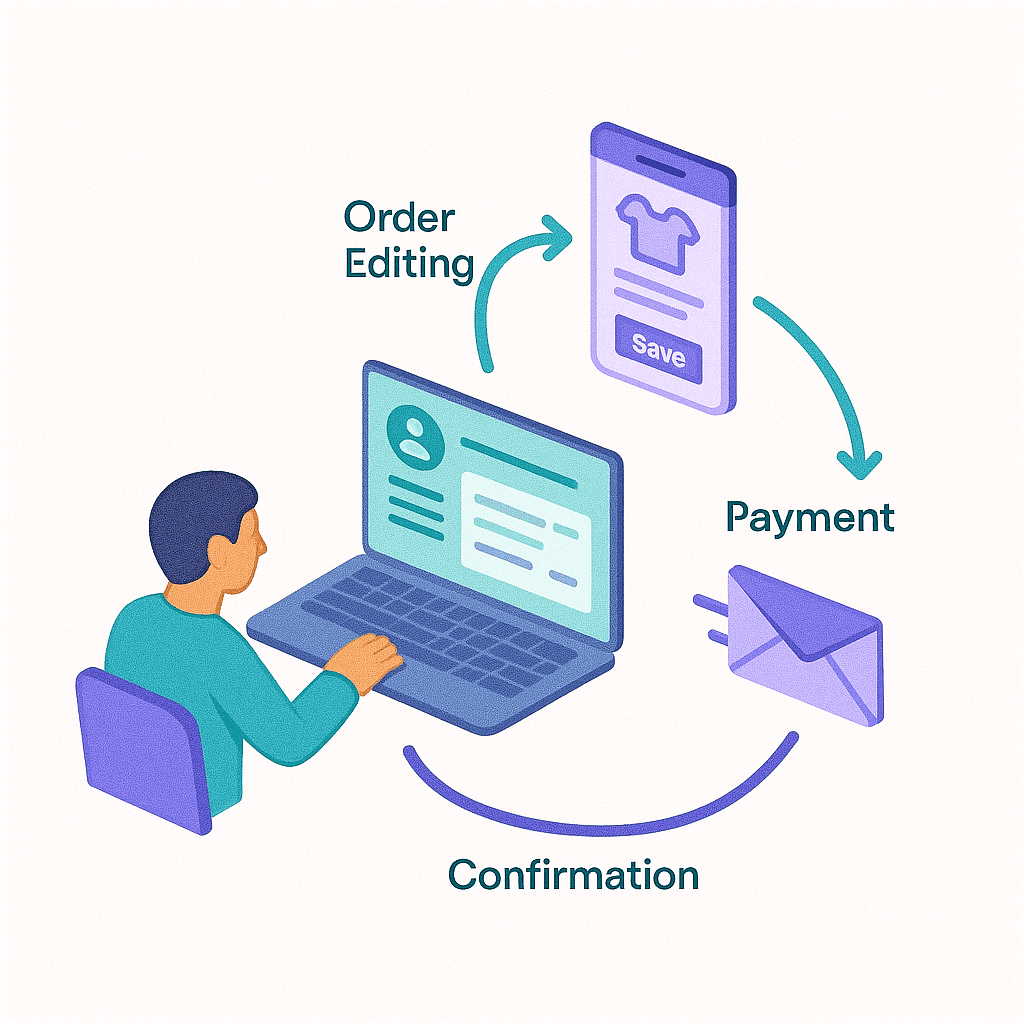 Isometric 3D illustration of a customer at a laptop using a self-service portal, connected by teal and purple arrows to a phone for order editing, payment, and confirmation email.