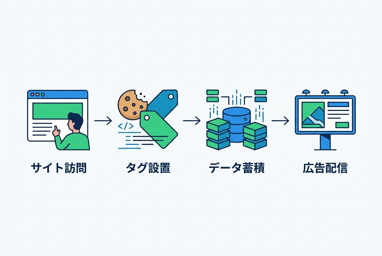リターゲティング広告の基本的な仕組み。ユーザーのサイト訪問からタグによるデータ収集、プラットフォームでの蓄積を経て、他サイトでの広告配信まで通常24〜48時間で完了する。