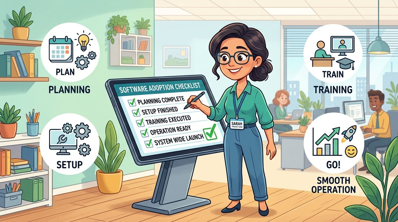 A professional project lead woman checking off items on a software adoption checklist in an office.