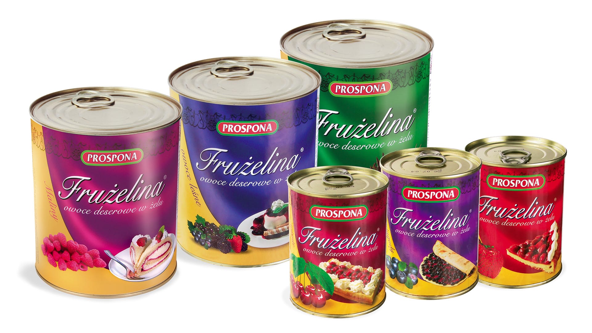 Puszki nadzienia owocowego Prospona Frużelina są wystawione w różnych rozmiarach i żywych wzorach opakowań, przedstawiających obrazy różnych owoców i deserów.
