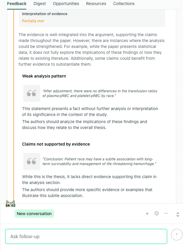 thesify feedback panel highlighting a claim not supported by evidence regarding patient race and survivability