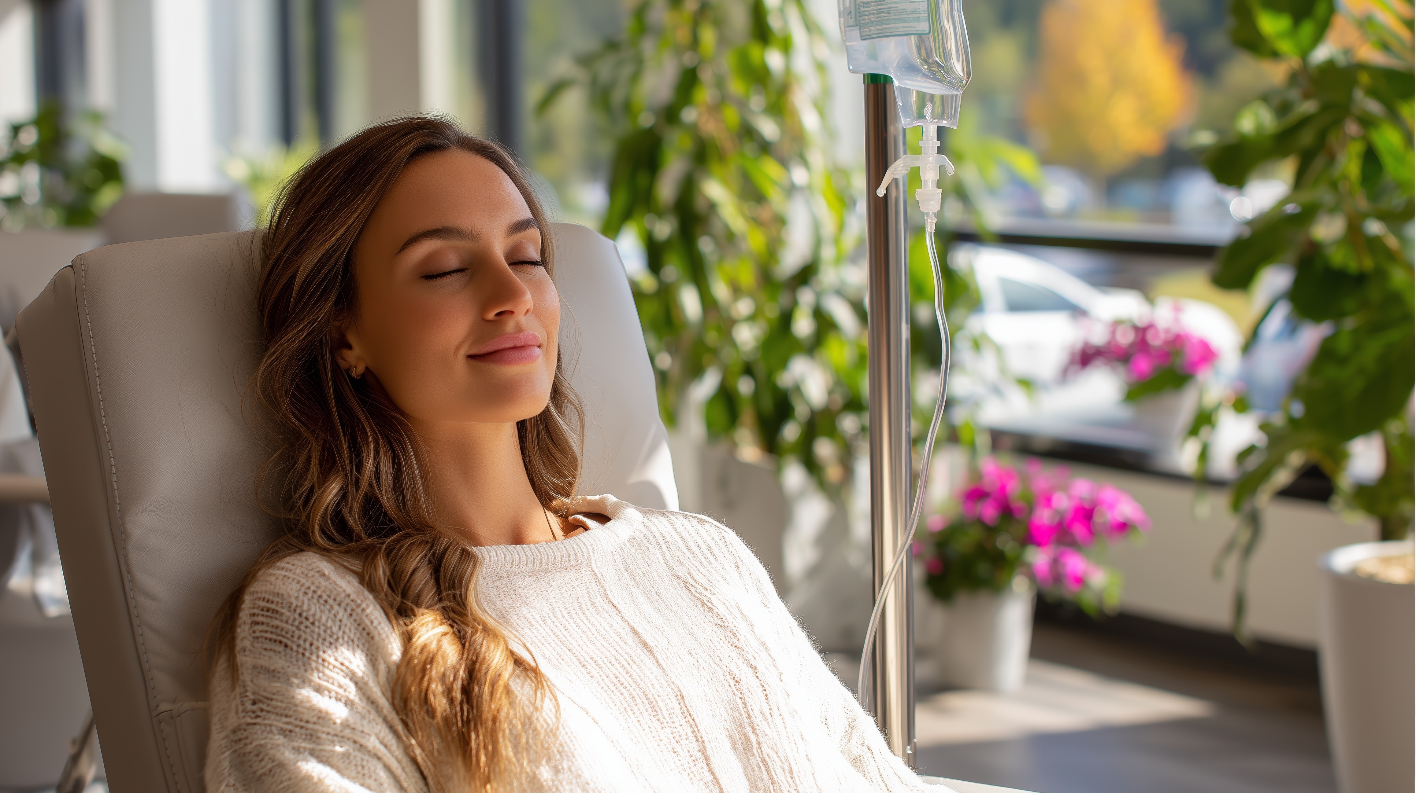 Woman doing a vitamin drip in the comfort of her home