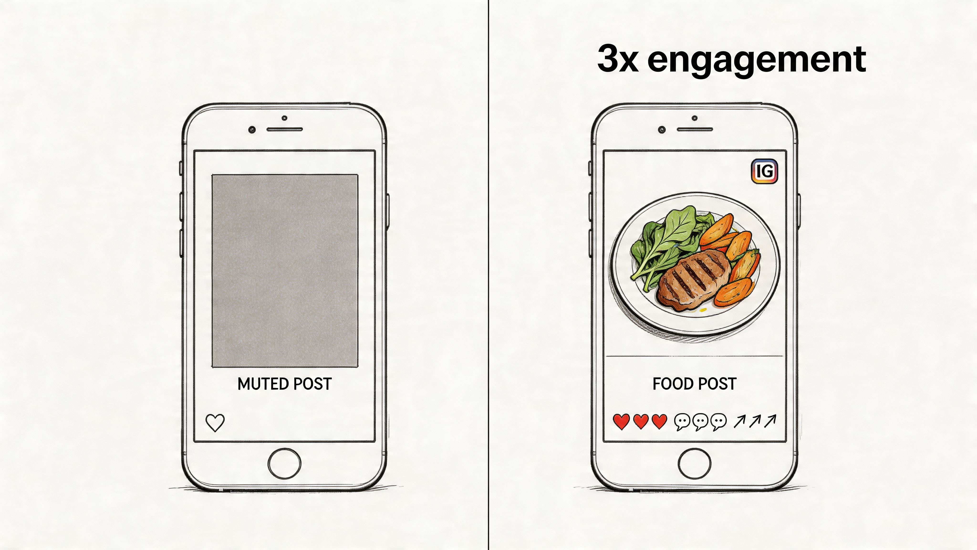 A comparison illustration showing a plain muted social media post versus a high-engagement food post on Instagram.