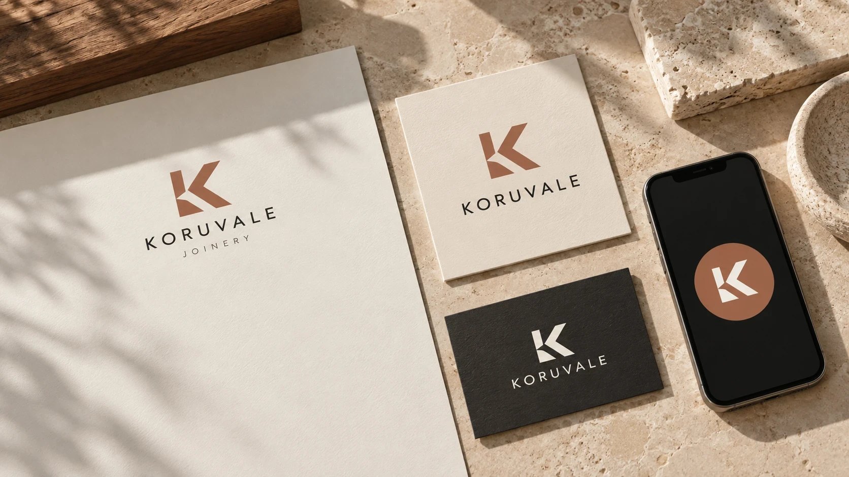 Illustrative Koruvale Joinery logo identity across cream stationery, a dark business card and a symbol-only social avatar.