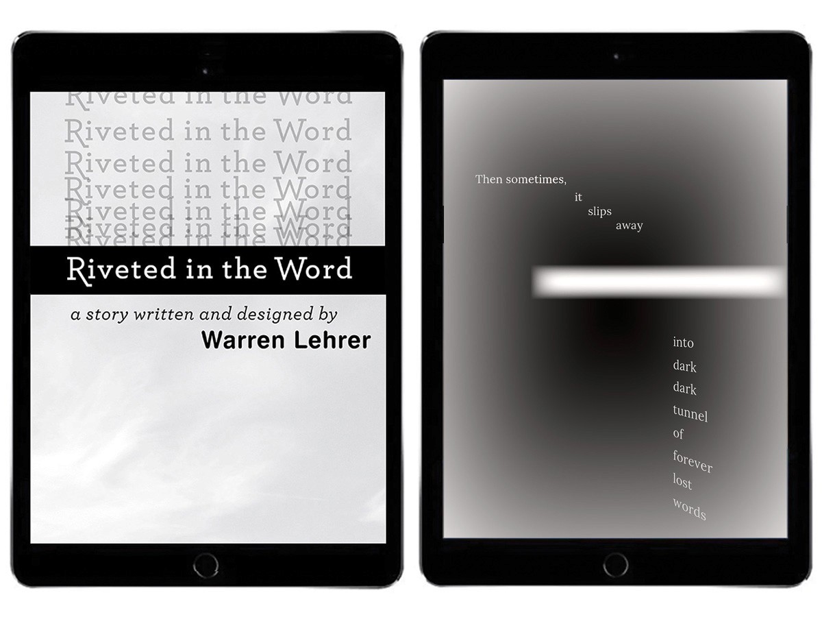 two views of mobile device with white words arranged against a grey gradient