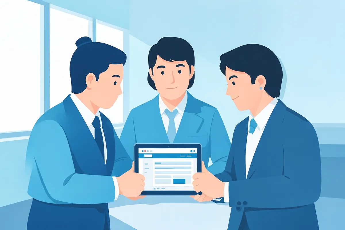 Team of professionals in a meeting discussing a tablet.