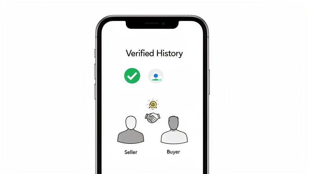 A smartphone displaying 'Verified History' with a checkmark, user icons, and seller-buyer handshake.