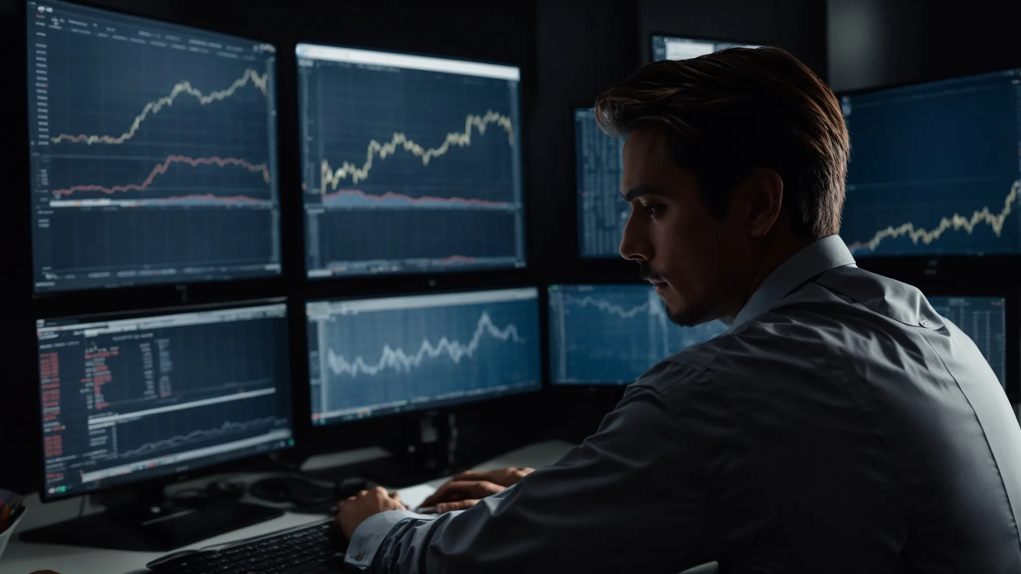 a professional sitting at a desk, analyzing financial charts on a computer screen.