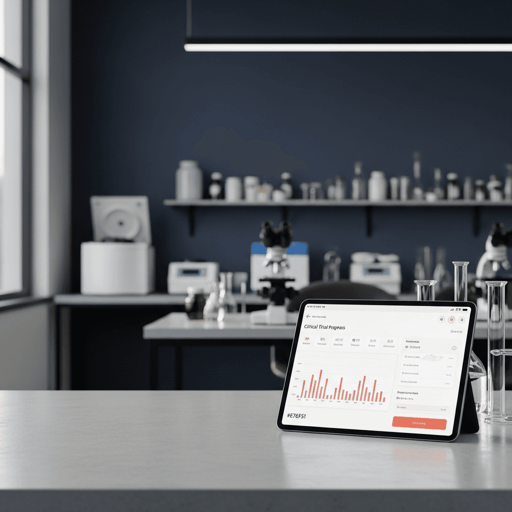 A minimalist, naturally lit clinical research office with clean architectural lines. In the foreground, a single tablet rests on a polished concrete desk, displaying an elegant data visualization of clinical trial progress. The background is softly blurred, showing organized laboratory equipment against a wall of deep navy blue (#1F3B5B). The on-screen UI on the tablet uses subtle accents of warm coral (#E76F51). There is ample negative space in the upper-left third. The overall mood is calm, professional, and technologically advanced. Photorealistic, editorial photography style with soft, natural lighting. Aspect ratio 16:9.