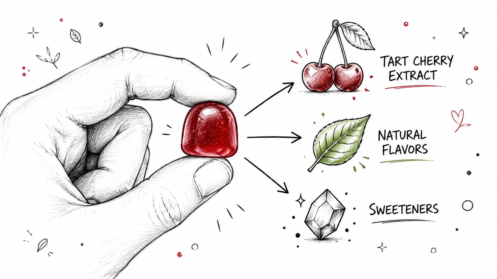 A hand holding a red gummy candy next to illustrations of tart cherry extract, natural flavors, and sweeteners.