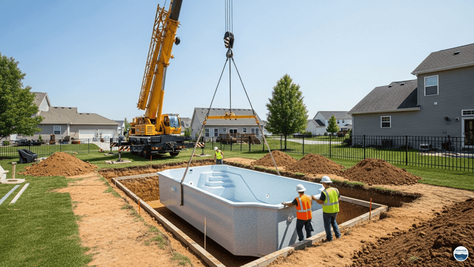 Crane installing pre-manufactured fiberglass pool shell in Central Ohio backyard