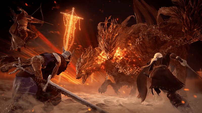 Screenshot Elden Ring Nightreign PC – duel intense dans décor enflammé avec magie noire et épées sur KeyVerse Gaming