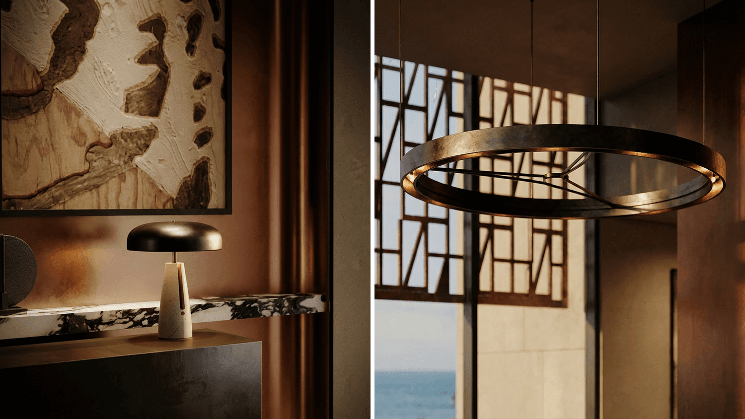 Interior render overlooking an external room area