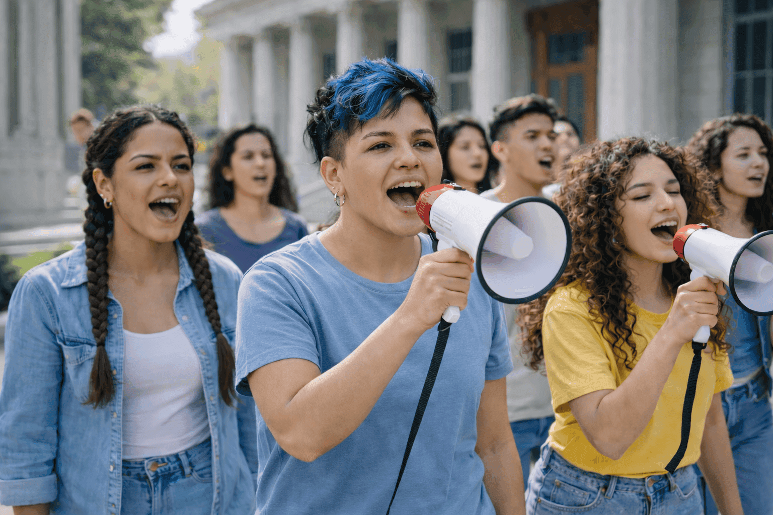 A diverse group of young people energetically participate in a protest outside a large, classical building, with several holding megaphones and displaying determined expressions.