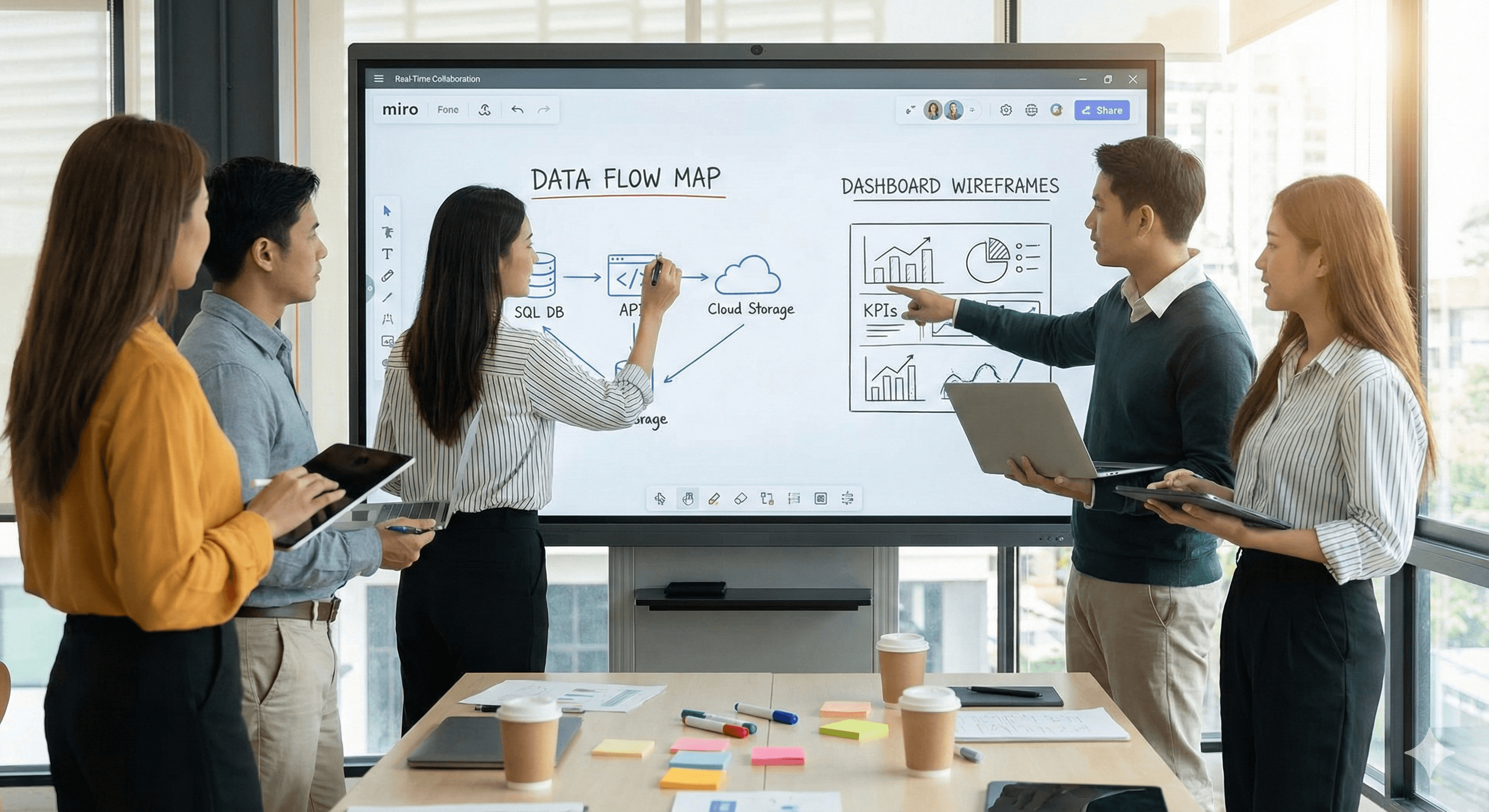A team collaborating on a digital whiteboard to map out data flows and dashboard wireframes.