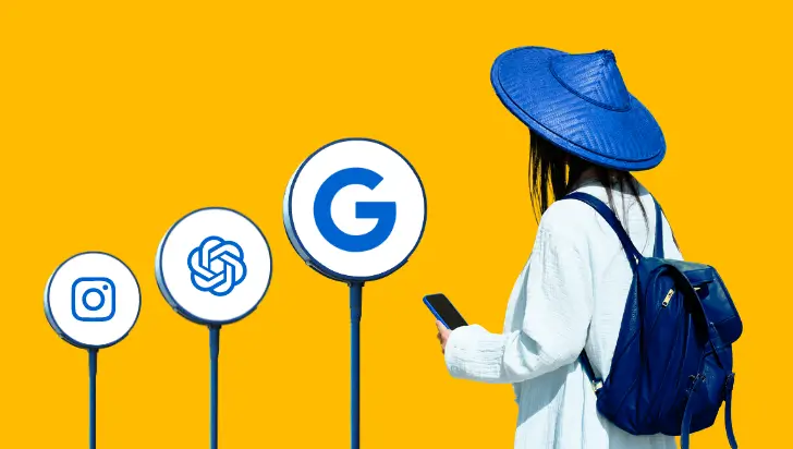 Traveler viewing Instagram, ChatGPT, and Google signs for search journey optimization.