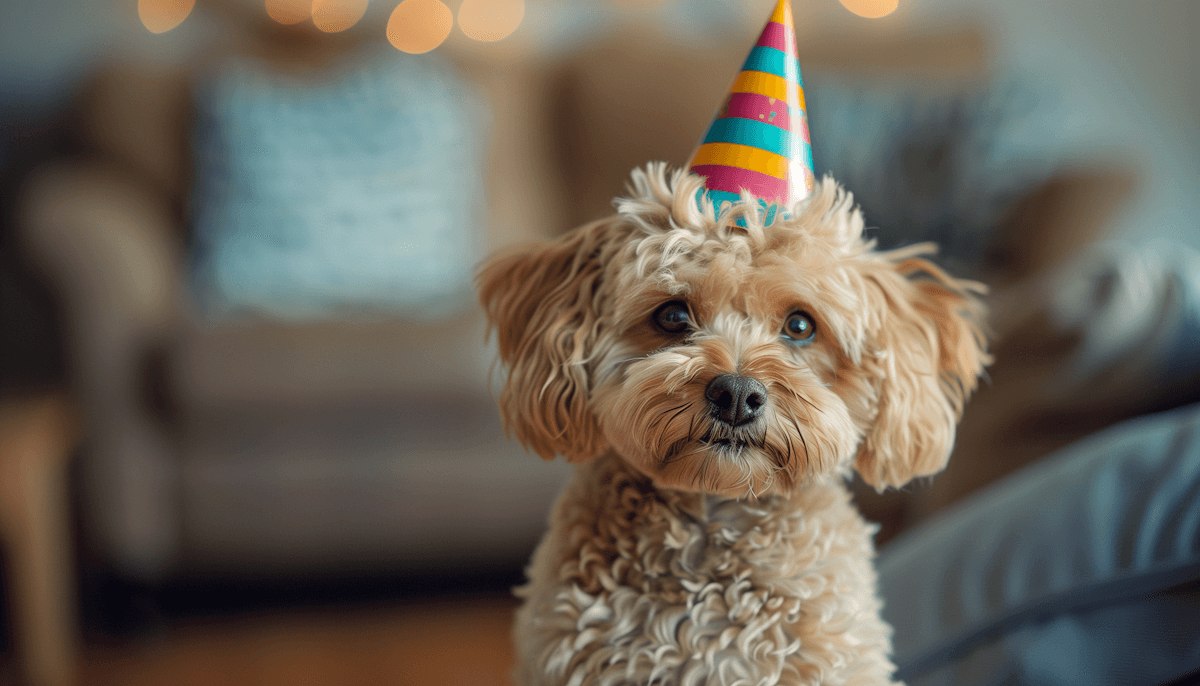 Dog wearing a birthday hat