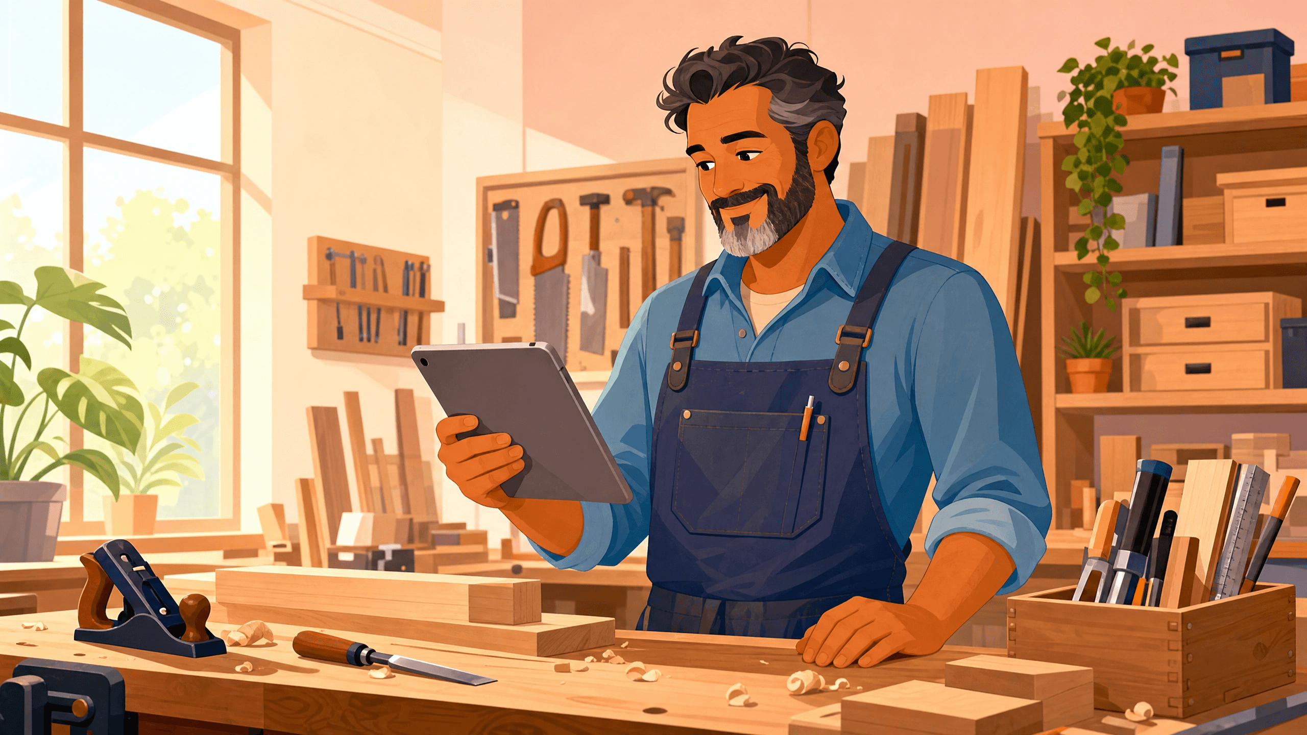 A friendly, bearded cartoon craftsman in his sunlit workshop optimistically looks at a tablet. The image is in a modern, clean illustration style, symbolizing the connection of craftsmanship and technology for local visibility.