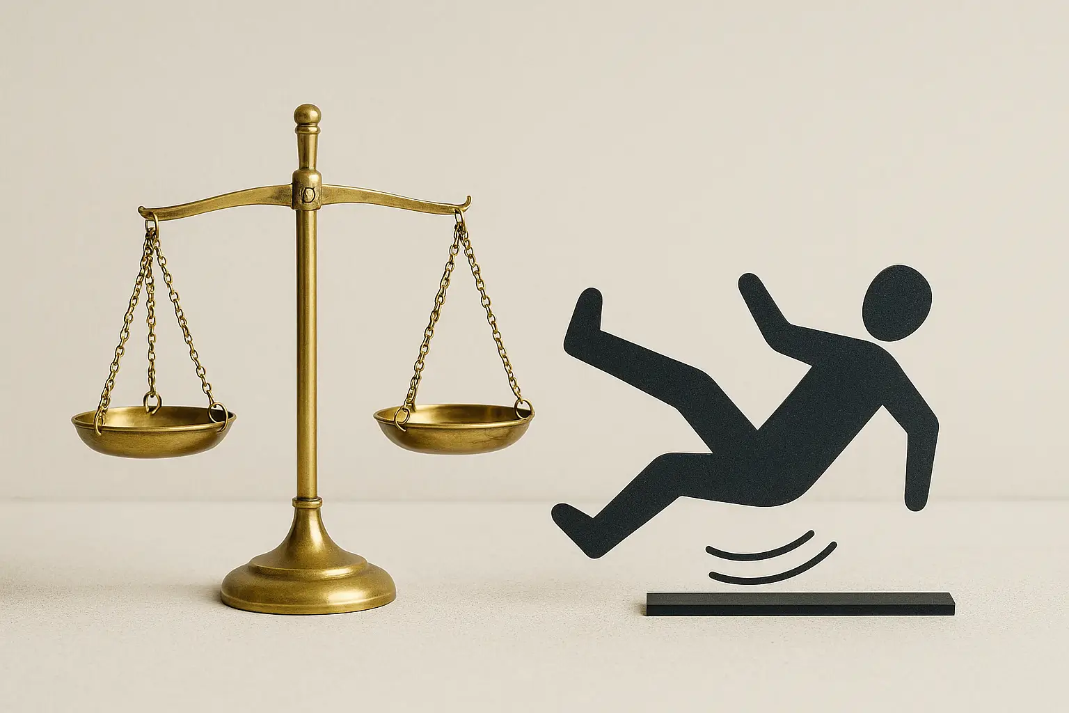 Realistic photo of a golden justice scale next to a black silhouette of a person slipping, symbolizing balance and legal challenges in slip and fall cases.