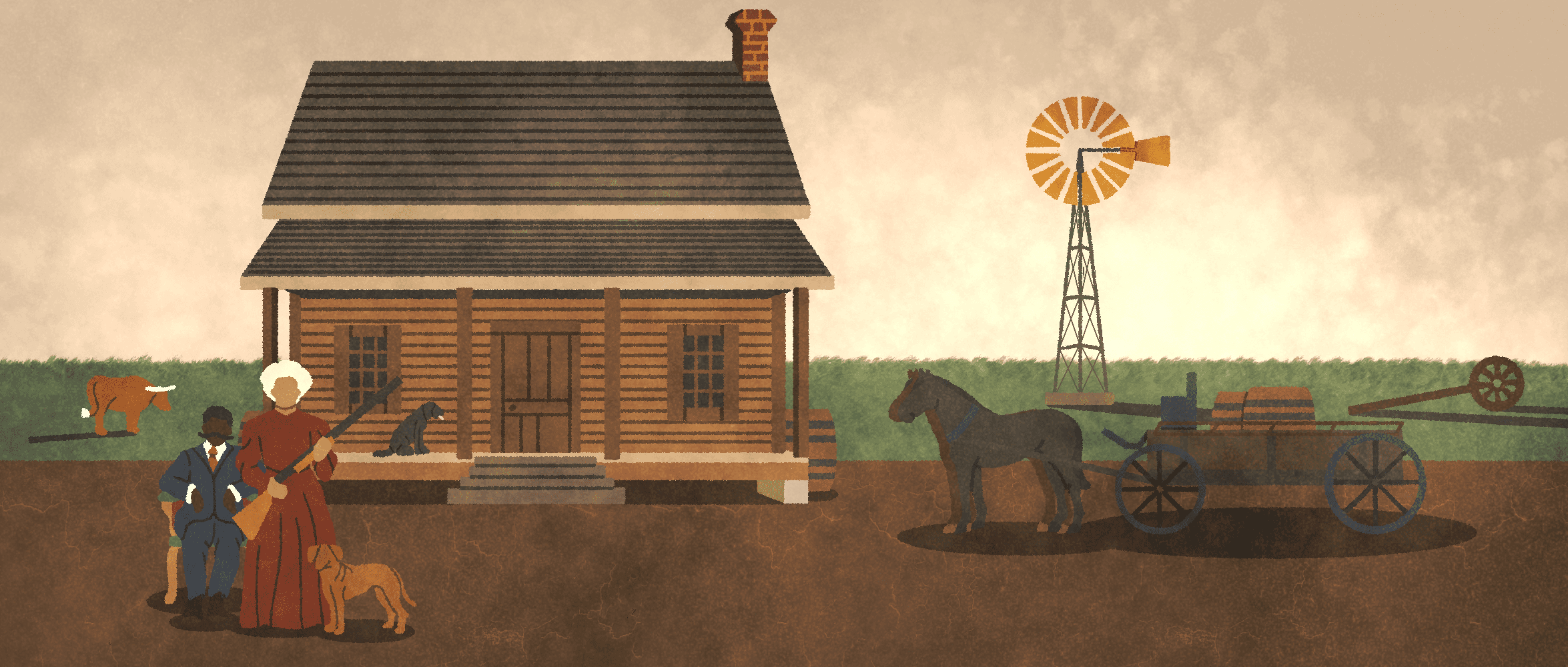 Illustration of woman protecting her home, family and livestock by standing tall and firm with a loaded shotgun in hand.