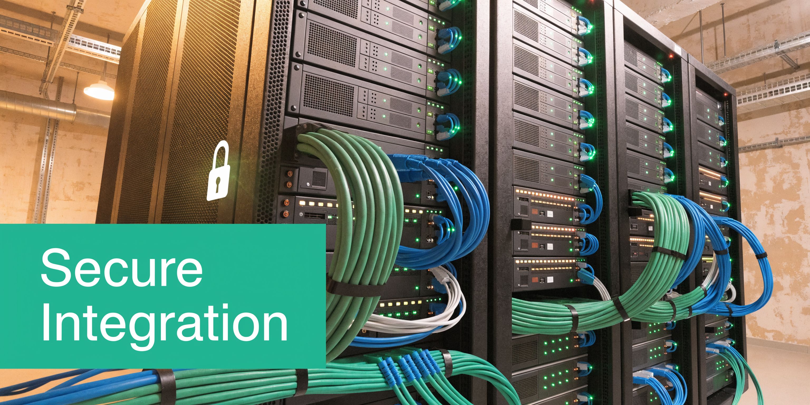 A secure server room with high-speed network cables connected to black rack-mounted servers for data integration.