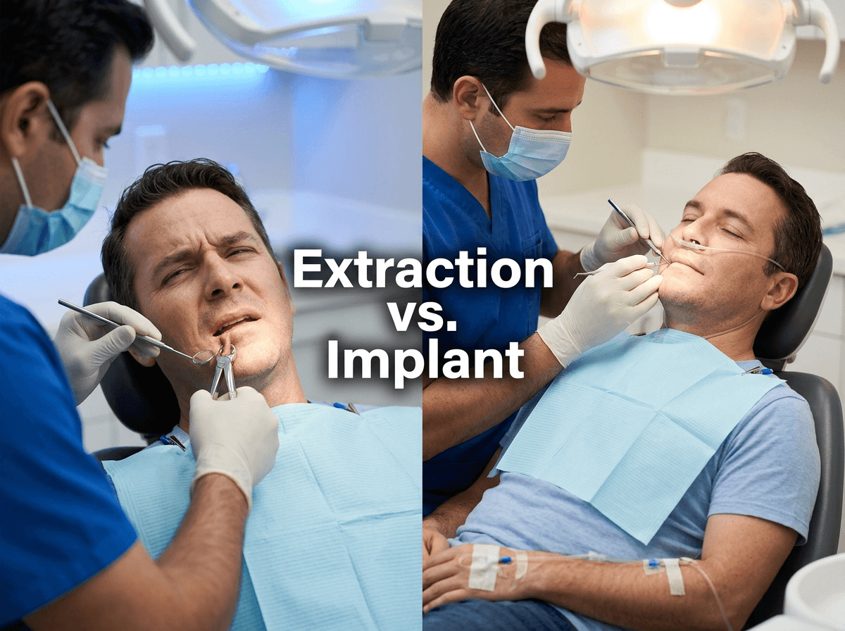 Side-by-side comparison of patient comfort during tooth extraction versus dental implant placement procedures showing gentler implant experience