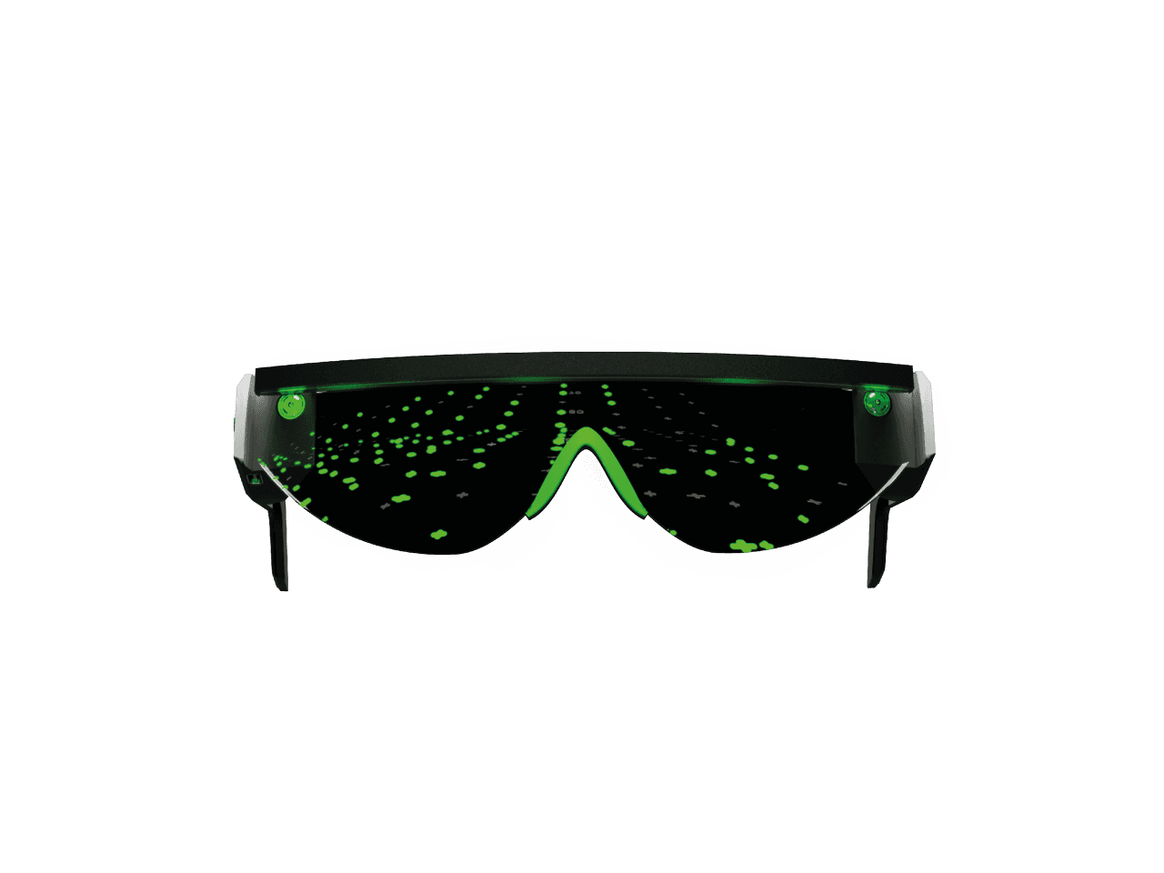 Front view of the Vision 01 AR glasses with the display activated on a transparent background.