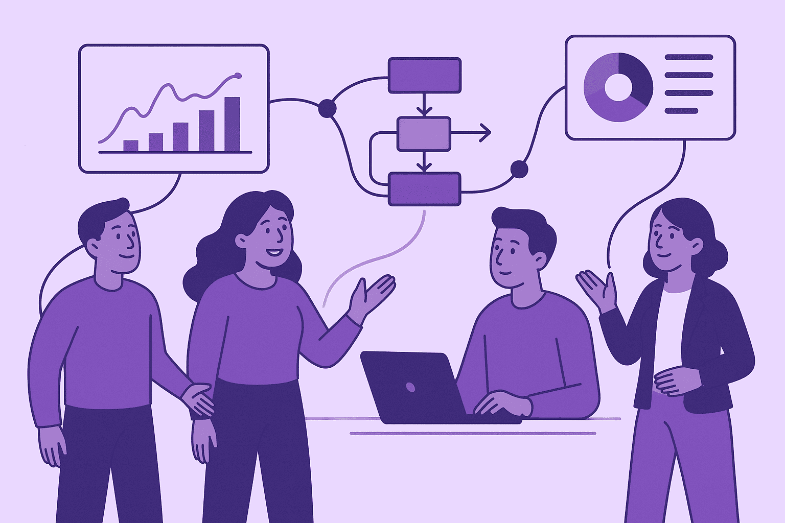 Flat-style digital illustration of four coworkers collaborating on performance analysis using data charts and flow diagrams, symbolizing effective teamwork and transparent monitoring practices.