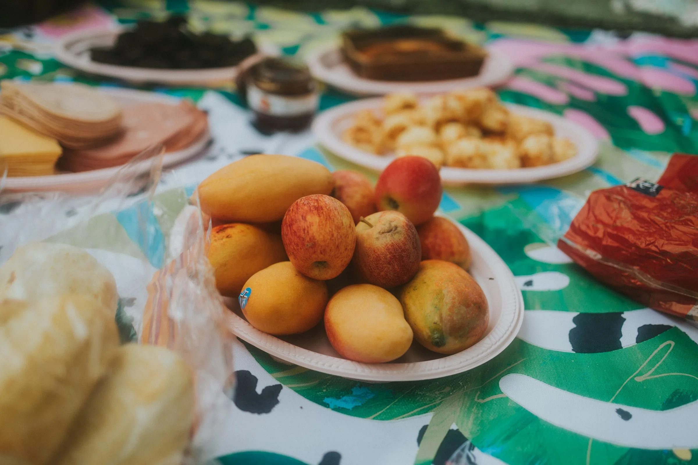 A colourful picnic on a patterned blanket