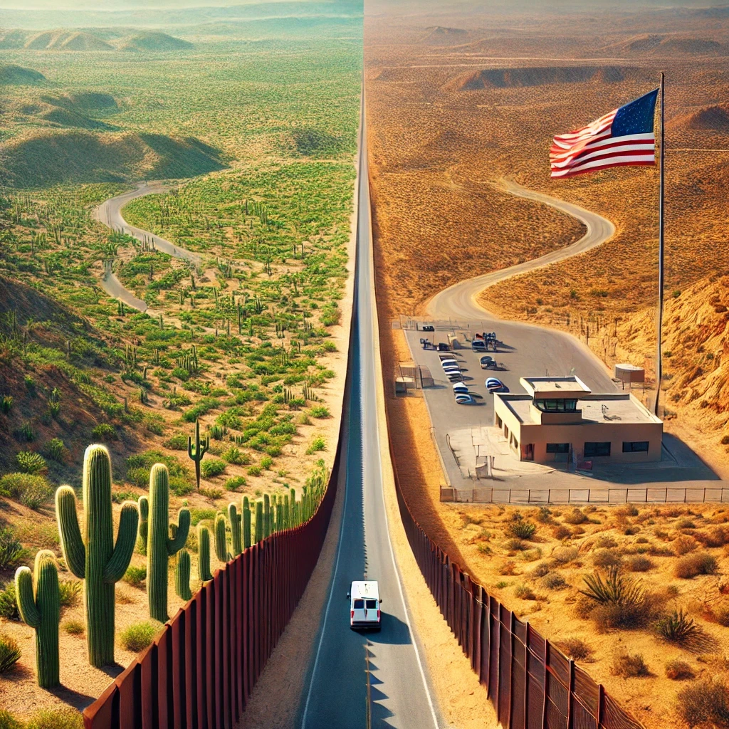 A desert landscape showing the U.S.-Mexico border fence, with cacti on one side and a road leading to a U.S. border checkpoint with an American flag.