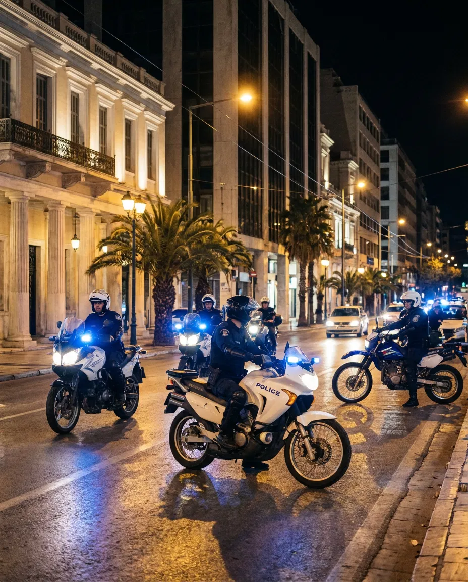Greek police motorcycles and officers on an Athens roadway at night.