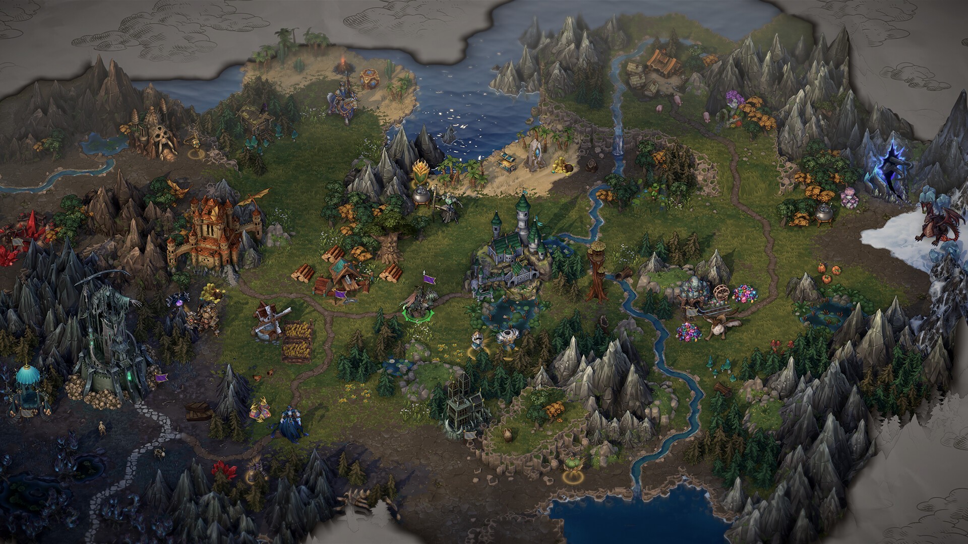 Vue aérienne de la carte du monde dans Heroes of Might and Magic Olden Era montrant les châteaux, ressources et brouillard de guerre.
