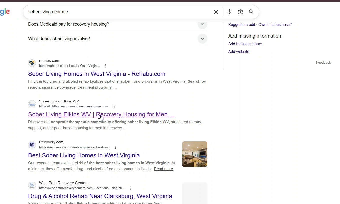 Observed sober living near me search results with Lighthouse organic listing