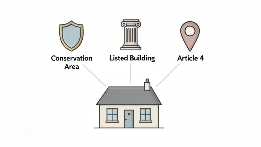 An illustration showing a house with three designations: Conservation Area, Listed Building, and Article 4, indicating planning considerations.