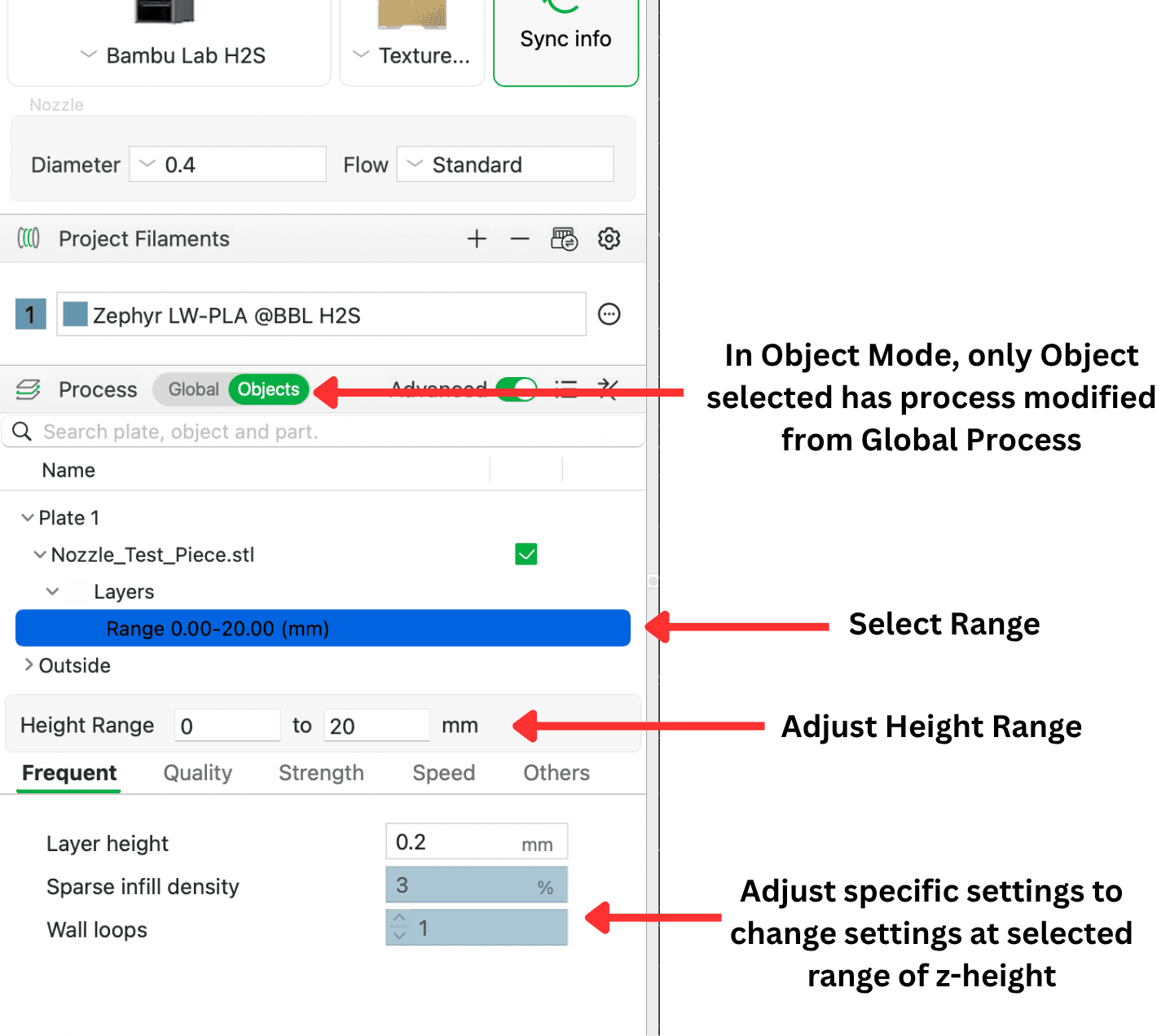 Height range modifier settings interface