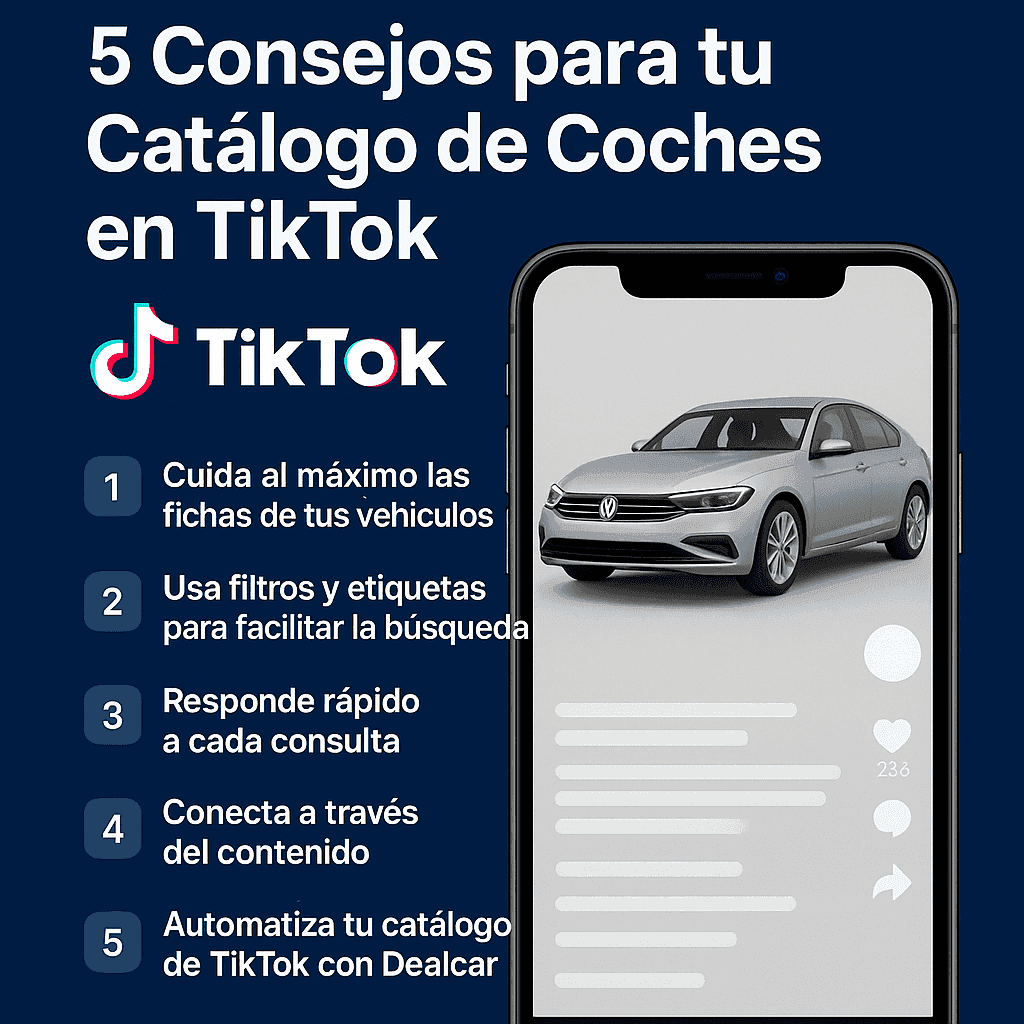 5 TikTok car catalog tips.  Tips include vehicle details, filters, responding to questions.  