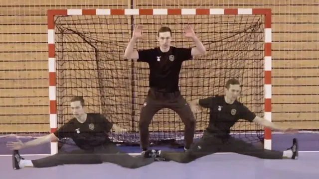 Composite image showing a handball goalkeeper in a ready stance and two sliding save positions across the goal.