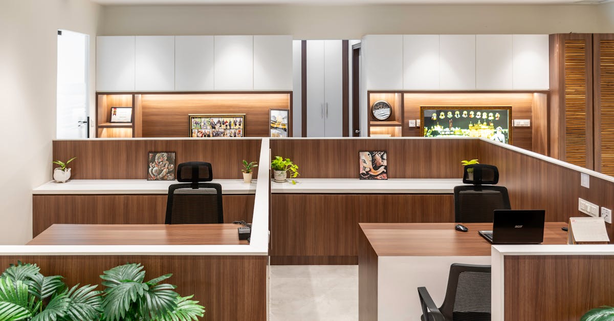 Sleek and contemporary office interior in Punjab with wooden accents and modern decor.