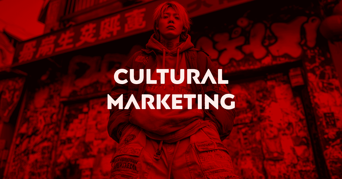 An urban asian looking guy from GenZ in LAGOM NEtwork Colors with coltural Marketing written on it