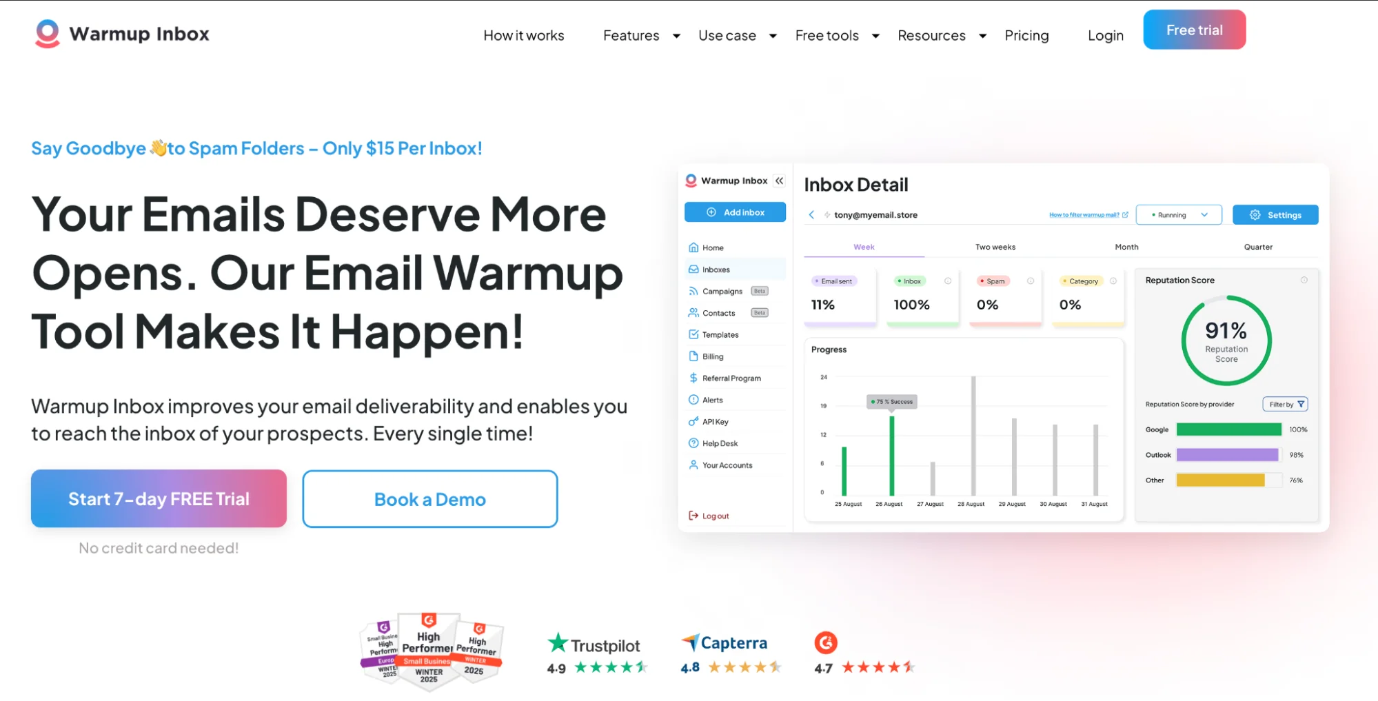 Warmup Inbox homepage: email warm-up and reputation tool