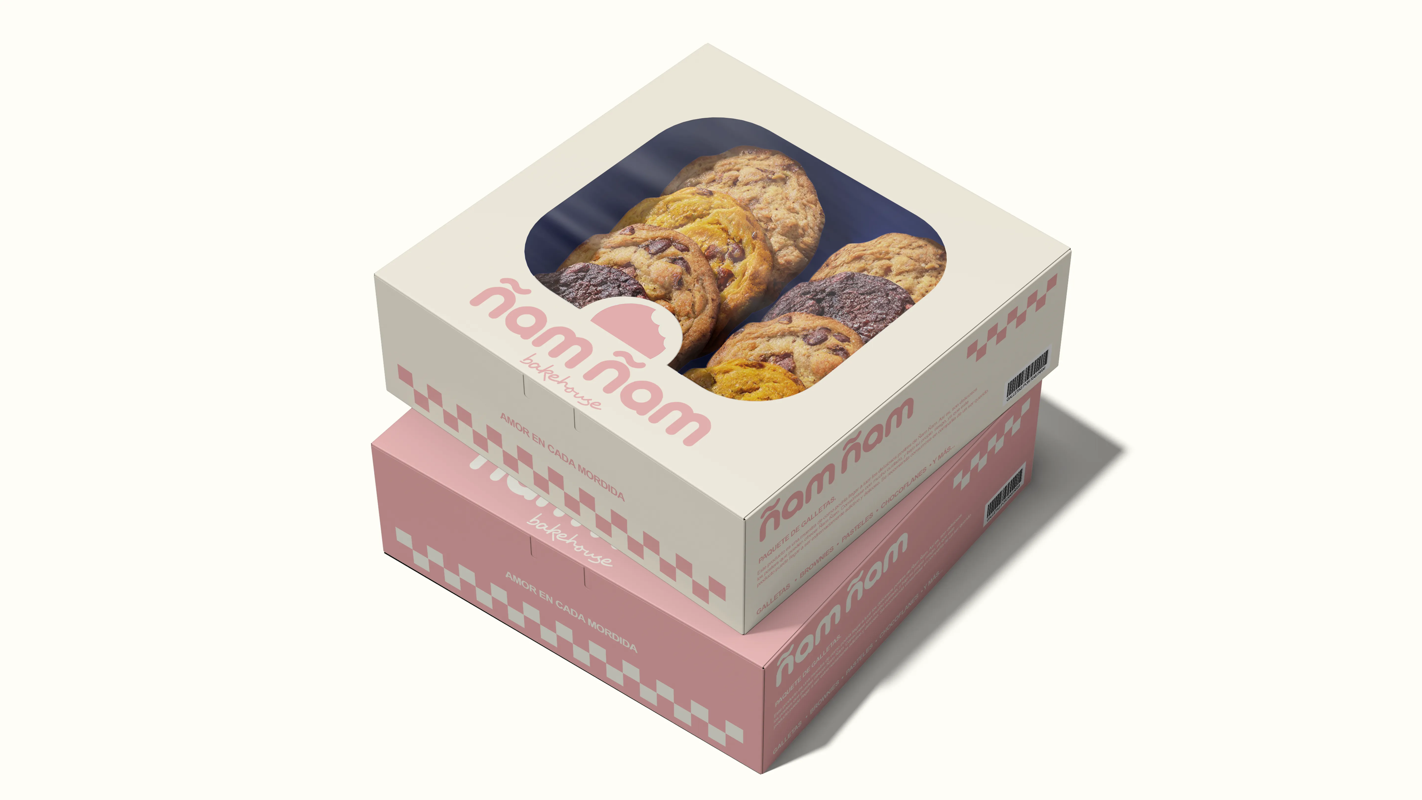Cajas de galletas artesanales con logotipo Ñam Ñam Bakehouse