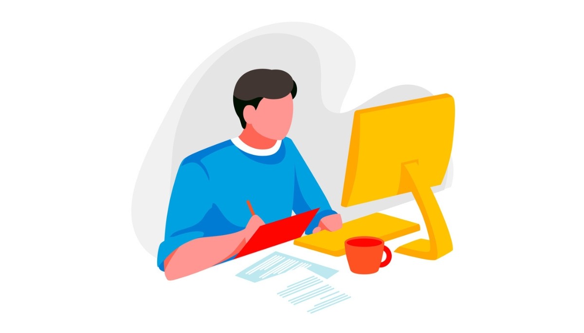 Illustration of a person writing on a clipboard with documents, a computer monitor, and coffee nearby.