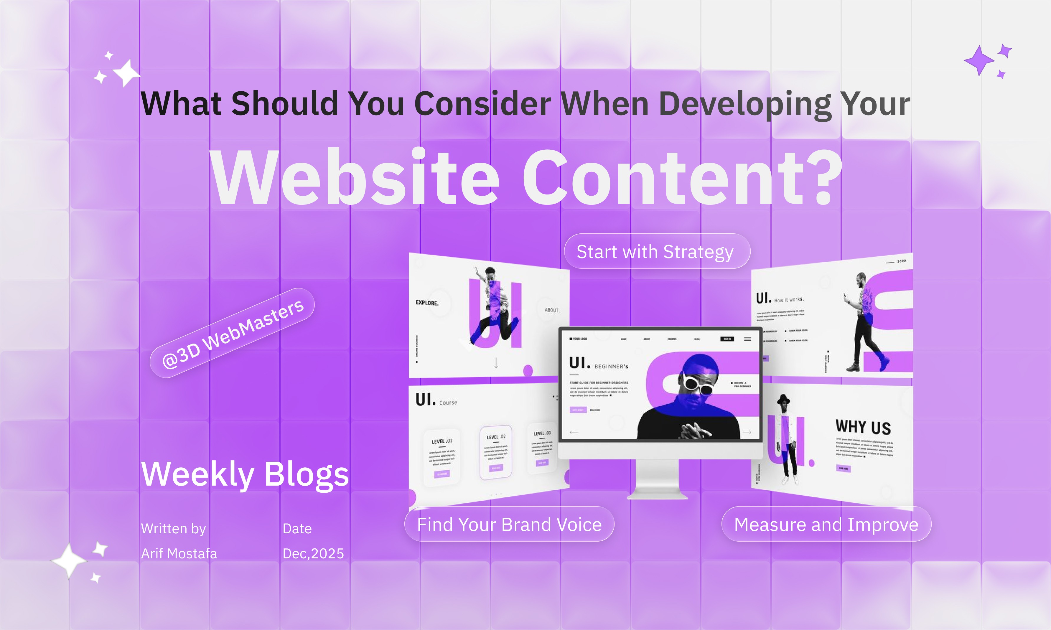 Purple blog banner reading “What Should You Consider When Developing Your Website Content?” with UI mockups and badges like “Start with Strategy.”