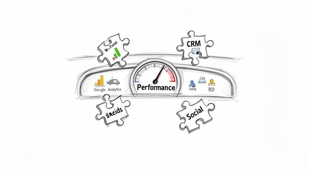 A sketched marketing performance dashboard with puzzle pieces for CRM, social media, and analytics.