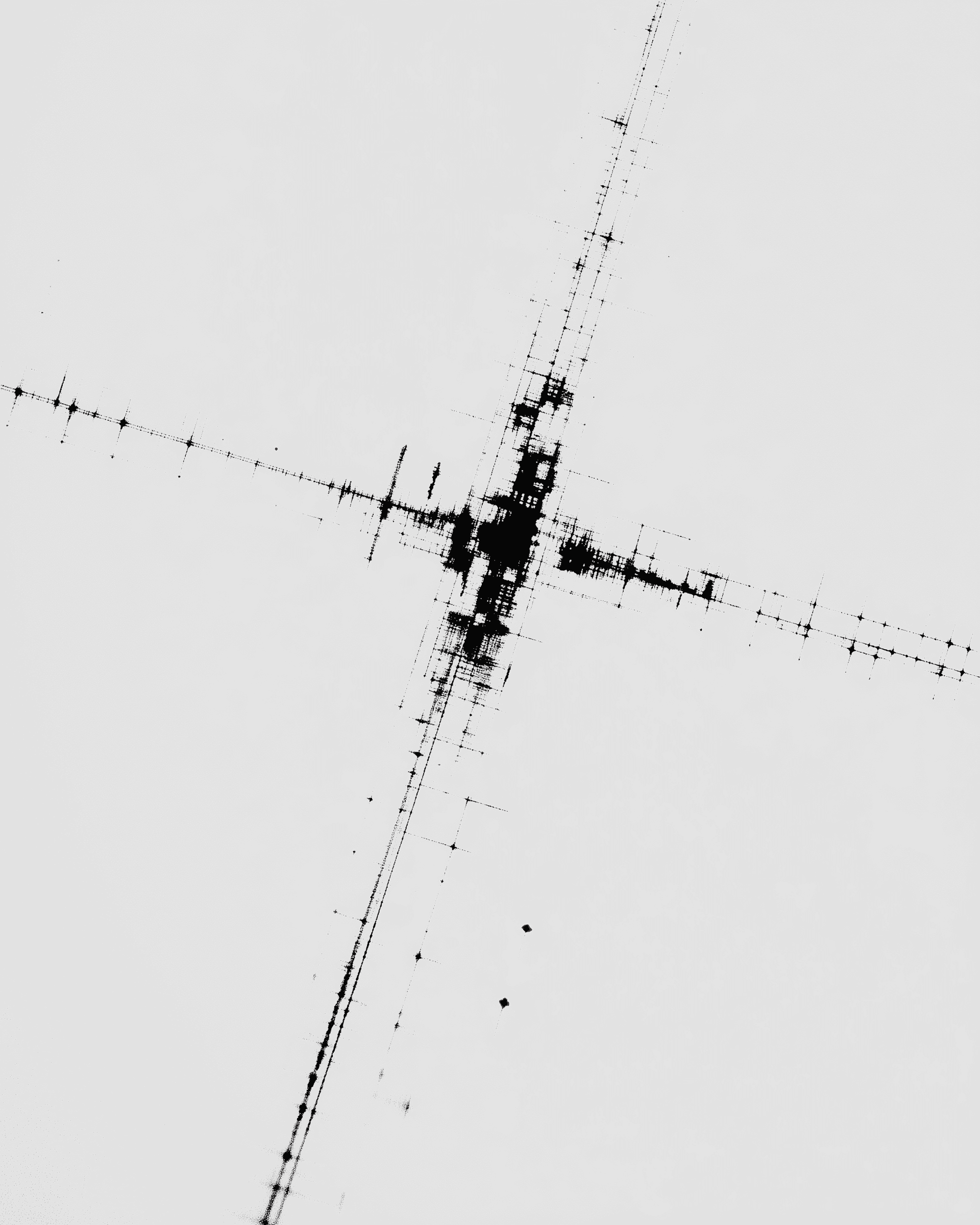 Minimalistic abstract art featuring detailed intersections of black and white lines with occasional red highlights on a clean background.