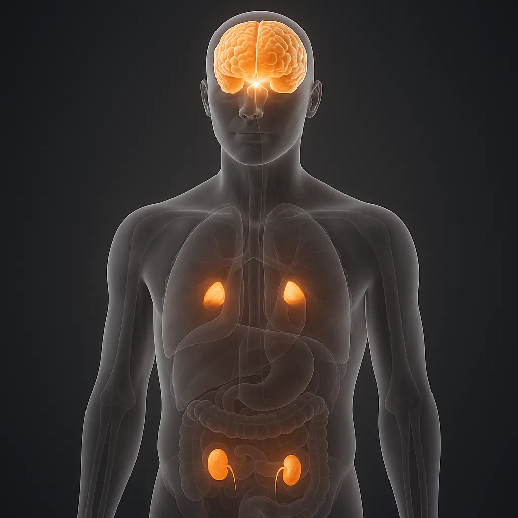 DHEA - Semi-transparent human body with brain, adrenal glands, and gonads glowing to show DHEA production sites